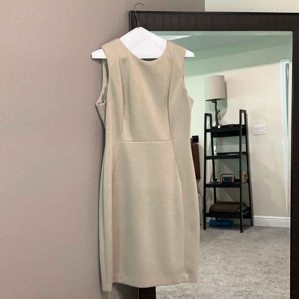 Calvin Klein knee-length dress. Khaki with gold zipper. Size 8. Business Dress